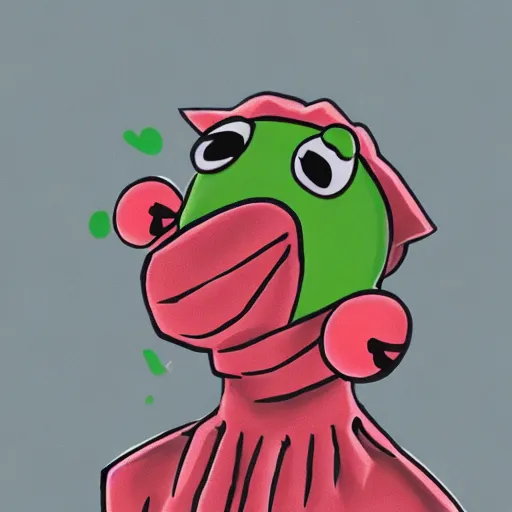 Image similar to kermit, wearing seaweed on his face, trending on artstation, hiroaki tsutsumi style