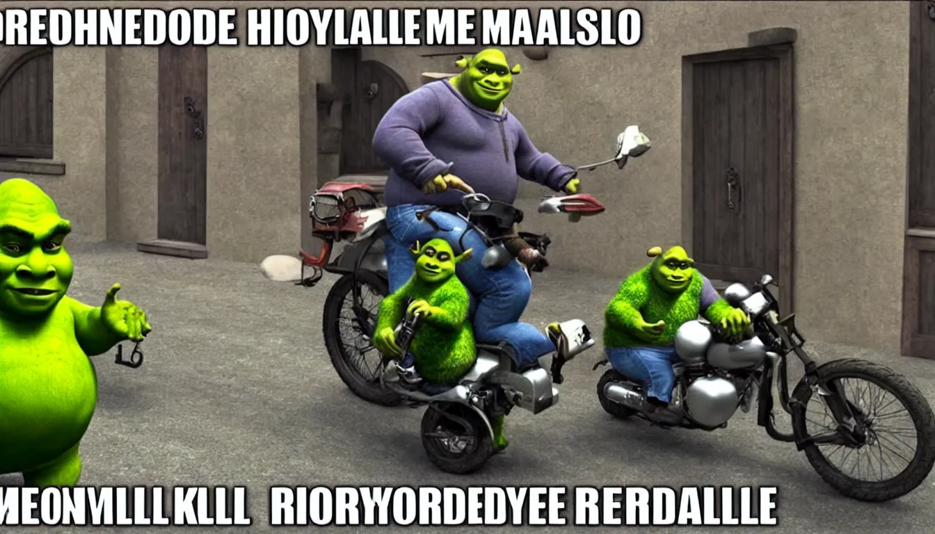 Image similar to doorbell cam footage shrek riding motorbike on one wheel, hilarious, funny, meme, realistic, detailed, 4 k