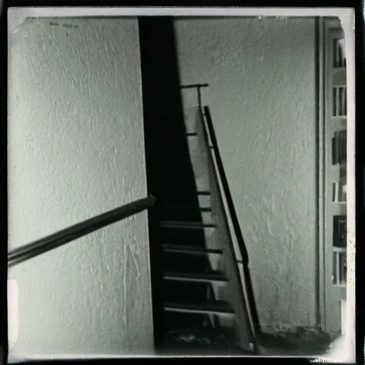 Image similar to a manaquien at the top of a dark stairwell, shadowy, abandoned, old polaroid, blurry photo, expired film,