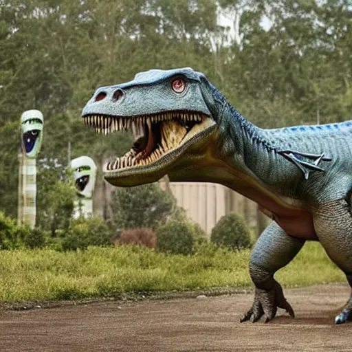 Prompt: a dinosaur with elon musks face as the dinosaurs face