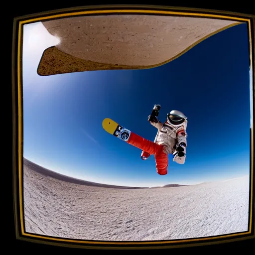 Prompt: A long shot of An astronaut snowboarding on Marsian sand dunes, with wide angle lens, 15 mm