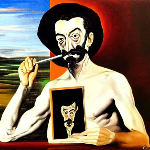 Image similar to salvador dali painting a selfportrait, in the style of salvador dali