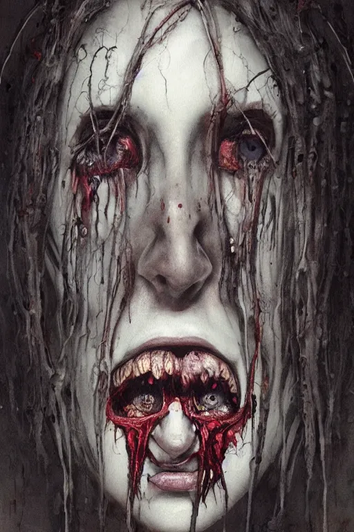 Image similar to watercolor cartoon grunge portrait of a creepy horror nurse girl . intricate abstract. intricate artwork. nightmare fuel. terrifying. by zdzisław Beksiński, wlop, dan mumford , trending on artstation, greg rutkowski very coherent symmetrical artwork. cinematic, hyper realism, high detail, octane render, 8k