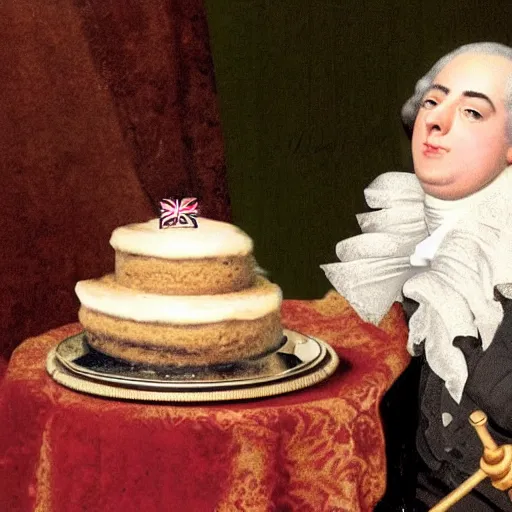 Image similar to colorized photo of G.F. Handel in powdered wig eating cake