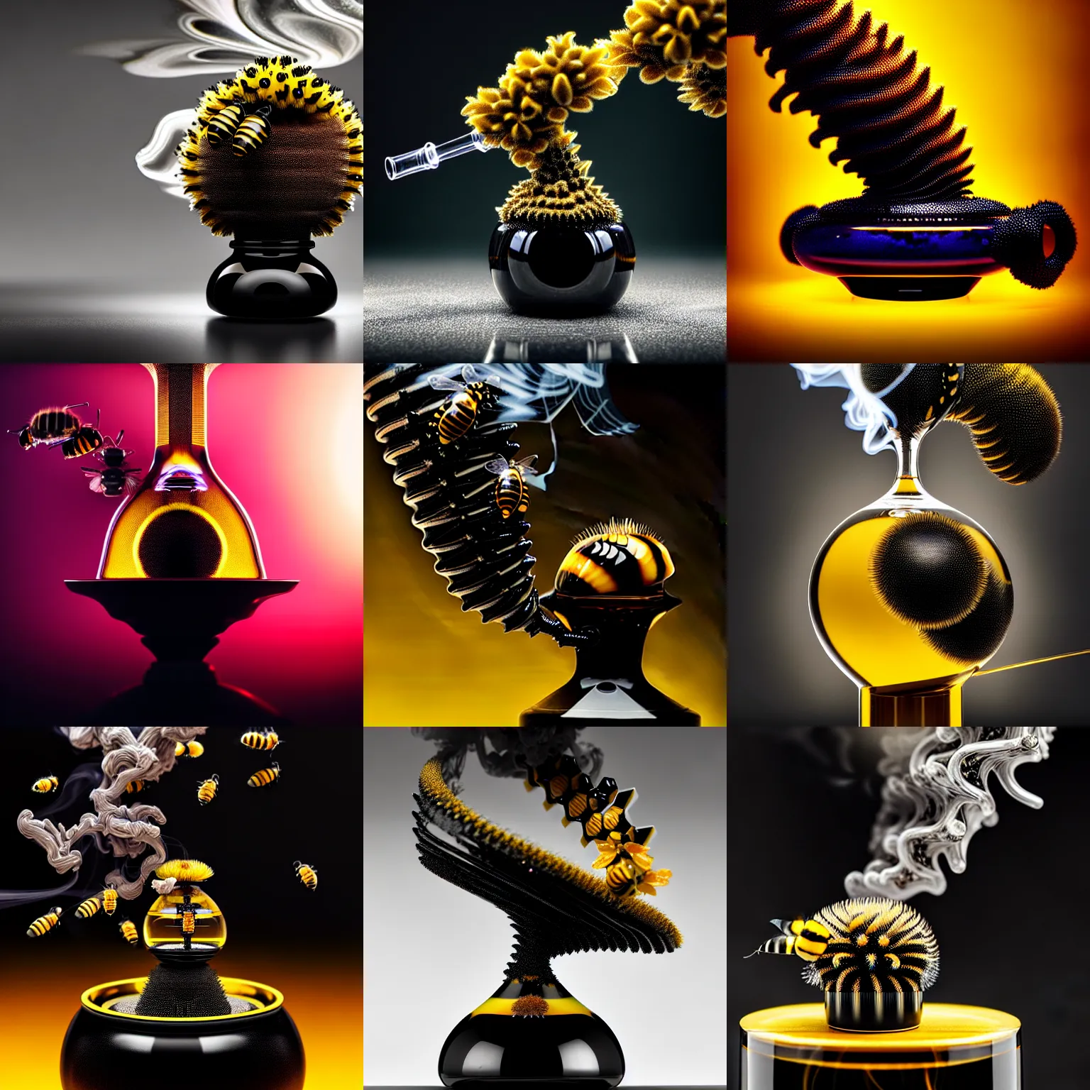 Prompt: smoke | ferrofluid galactic obsidian biotech floral cyborg bumblebee quantum bonsai honey bong | polished decadent elegant smooth, weta disney movie still photo, hi - fructose, sci fi fantasy, golden ratio, octane render, sharp focus, artstation, concept art | dyson, feng zhu, rutkowski, beeple