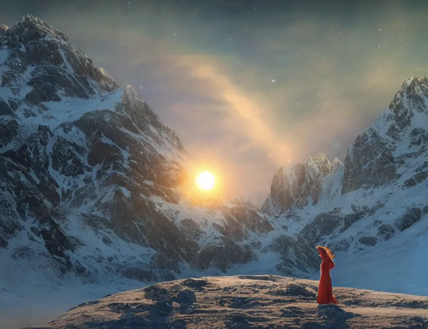 Prompt: fully photorealistic hdr eclipse at sunrise on snowy aurora dramatic mountaintop, distant glowing figures, masterpiece composition, art by john collier, albert aublet, artem demura, alphonse mucha, sharper luminescent focus, nd 6, hdr, movie still, cinematic diffuse lighting, artstation, textless, sharp focus