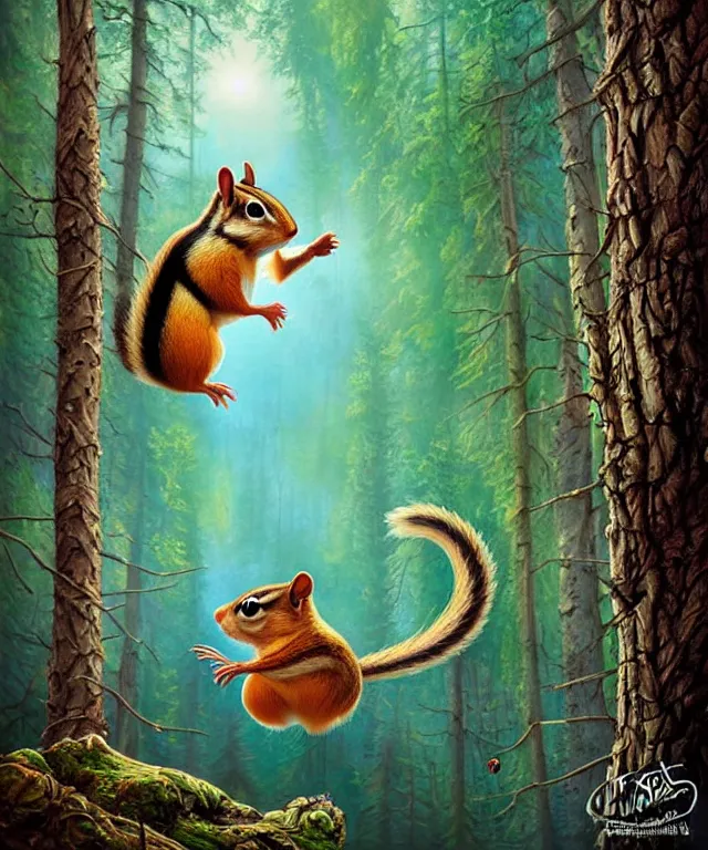 Image similar to a single realistic chipmunk, flying in a psychedelic forest, wide angle landscape shot, pixar style by tristan eaton, artgerm and tom bagshaw