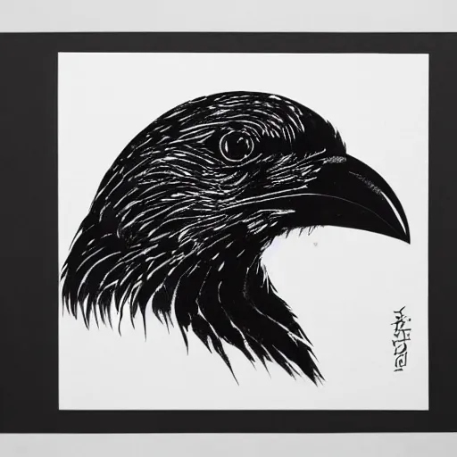 Image similar to crow, bold smooth block print, 4k, black ink on white paper