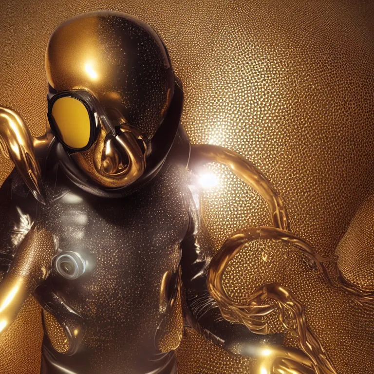 Prompt: octane render portrait by wayne barlow and carlo crivelli and glenn fabry, subject is a diver in a wet suit with goggles completely covered in giant long shiny reflective golden octopus tentacles, cinema 4 d, ray traced lighting, very short depth of field, bokeh