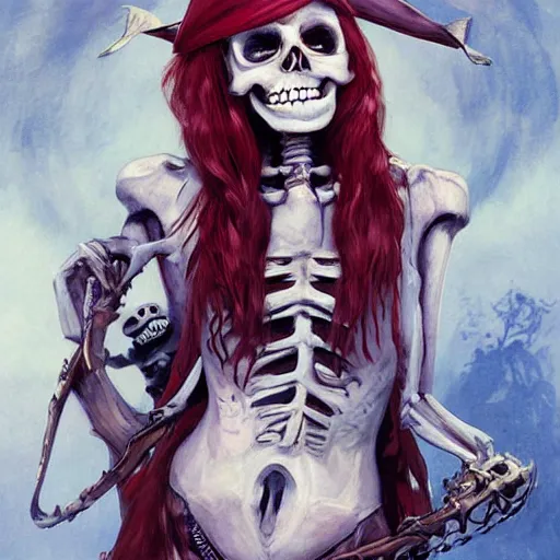 Image similar to cute & beautiful smug smiling undead skeleton girl with very attractive face and red hair dressed as a pirate, elegant, digital art, fullbody painting, fantasy, pixar style, painting, pin up, highly detailed, artstation, art by artgerm, vrubel, greg rutkowski, ilya kuvshinov, raymond swanland