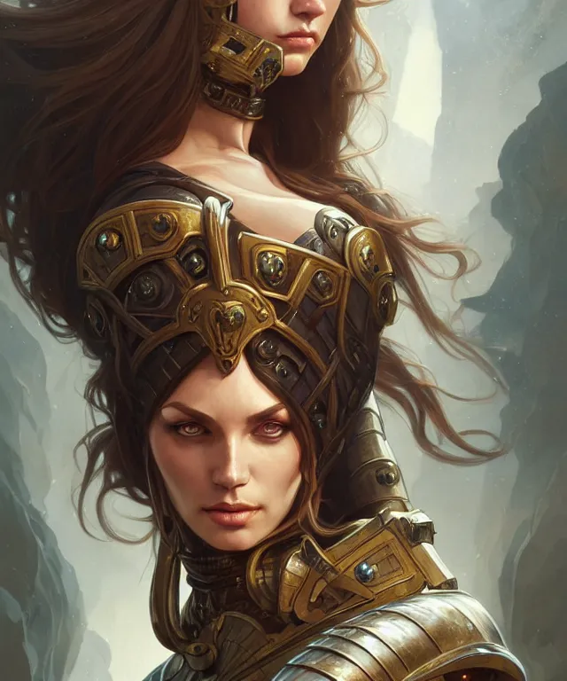 Image similar to Muscular and powerful medieval knight woman portrait, sci-fi, amber eyes, face, long hair, fantasy, intricate, elegant, highly detailed, digital painting, artstation, concept art, smooth, sharp focus, illustration, art by artgerm and greg rutkowski and alphonse mucha