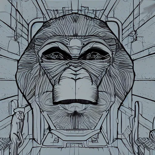 Image similar to macaque inside alien base, digital art, soft shadows, creepy art