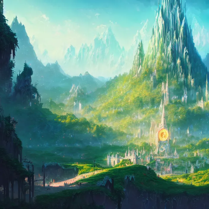 Prompt: Authentic illustrations of elf city in lord of the rings,Magnificent super wide angle,high quality, 8k,high resolution, city landscape, side scrolling, 4K, Retrofuturism,by makoto shinkai,Anton Fadeev, thomas kinkade,greg rutkowski