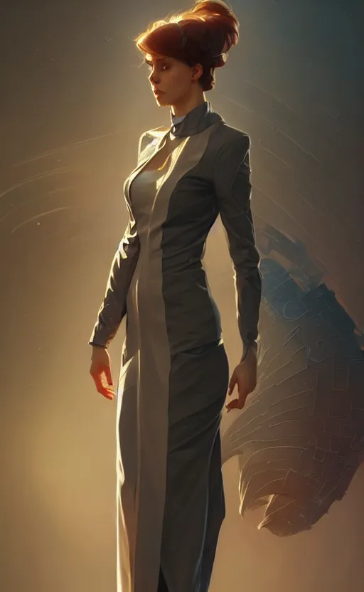 Image similar to Female in office dress, sci-fi, highly detailed, digital painting, artstation, concept art, smooth, sharp focus, illustration, art by artgerm and greg rutkowski and alphonse mucha