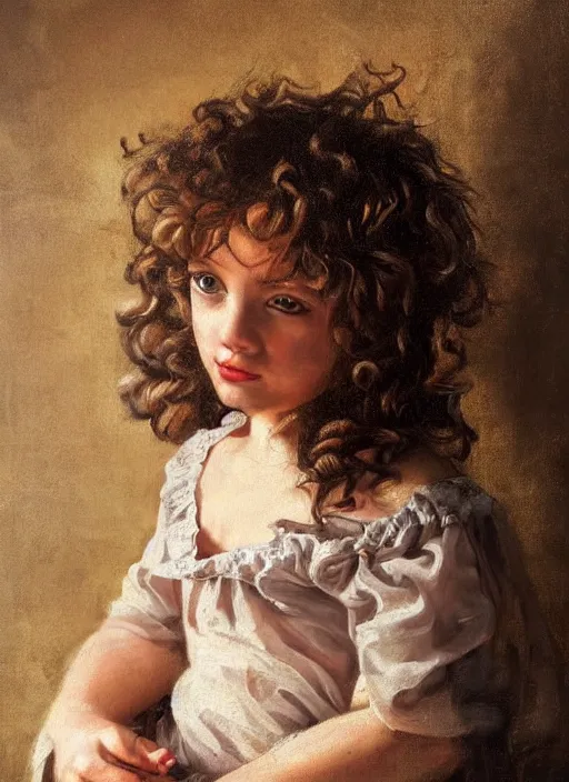 Prompt: baroque painting of a little girl with short brown curly hair. highly detailed, dramatic lighting, intense shadows, rich deep colours, by virginia vezzi