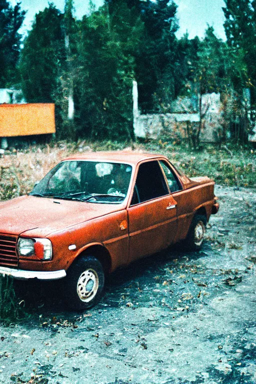 Image similar to a lomographic photo of old lada 2 1 0 7 standing in typical soviet yard in small town, autumn, cinestill, bokeh