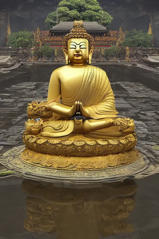 Image similar to a epic boss maitreya buddha 弥 勒 佛 sitting on a lotus platform 莲 花 台, in the center of buddha temples, zbrush, unreal engine, rendering by octane, epic stunning atmosphere, cyberpunk hi - tech, inspired by sekiro, by zhelong xu, michael whelan, jean leon gerome