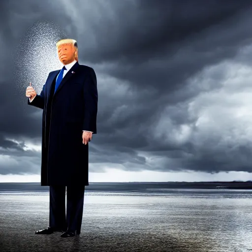 Image similar to 4 k hdr full body wide angle sony portrait of donald trump in a showering rainstorm with moody stormy overcast lighting