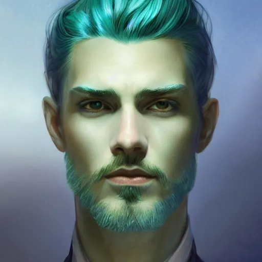 Prompt: Portrait of adult boy, blue hair flowing, green eyes, intricate, elegant, highly detailed, digital painting, artstation, concept art, smooth, sharp focus, illustration, art by artgerm and greg rutkowski and alphonse mucha