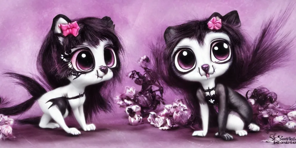 Image similar to 3 d littlest pet shop animal, wearing gothic accessories, gothic bows, gothic outfits, spooky, master painter and art style of noel coypel, art of emile eisman - semenowsky, art of edouard bisson