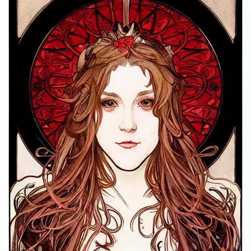 Image similar to in the style of artgerm, arthur rackham, alphonse mucha, evan rachel wood, symmetrical eyes, symmetrical face, flowing red dress