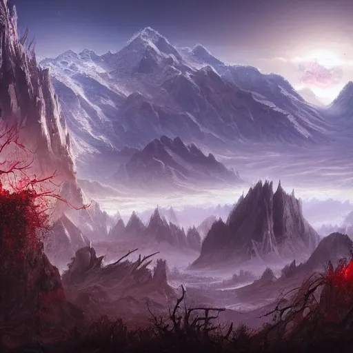Image similar to The horror landscape with mountains in the background, Sci-Fi fantasy wallpaper, painted, 4k, high detail, sharp focus