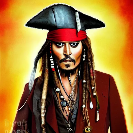 Image similar to portrait of johnny depp as captain jack sparrow, highly detailed, centered, solid color background, digital painting