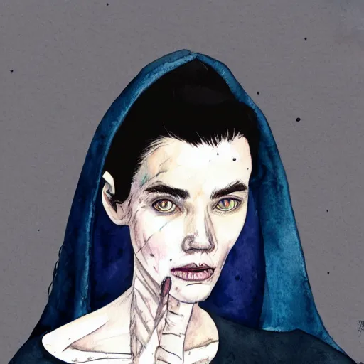 Prompt: full body detailed watercolor illustration of alien jennifer connelly mixed with anya taylor - joy, reading a book, unsettling, hooded long black feathered cloak, uncanny valley, with black feathers instead of hair, gothic, guillermo del toro, gray mottled skin, pale and sickly, profile view, - - ar 9 : 1 6