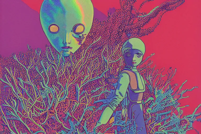 Image similar to risograph grainy drawing vintage sci - fi, satoshi kon color palette, gigantic gundam full - body covered in iridescent dead coral reef 1 9 6 0, kodak, with lot tentacles, natural colors, codex seraphinianus painting by moebius and satoshi kon and dirk dzimirsky close - up portrait