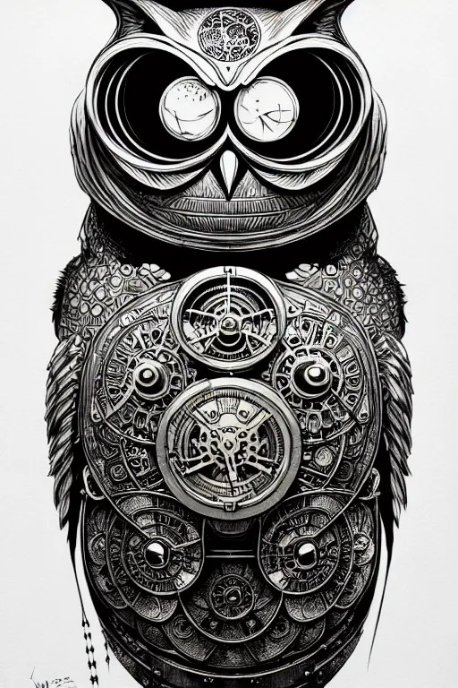 Prompt: side view of a ancient alchemist steampunk owl, high details, lineart, by vincent di fate and joe fenton,, inking, screen print, masterpiece, trending on artstation, sharp, high contrast, hyper - detailed, hd, 4 k, 8 k