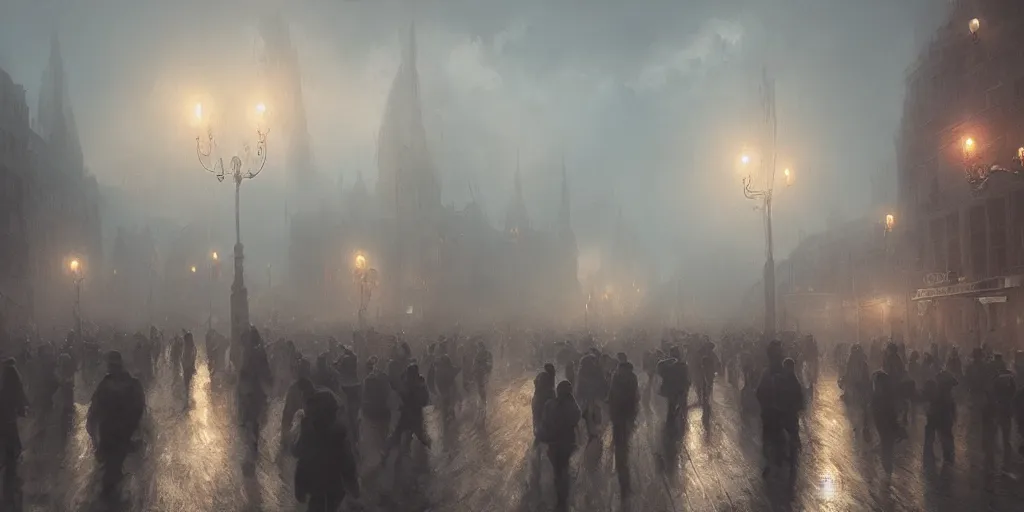 Prompt: a heavy swirling fog during a parade, soft lighting, night, unreal engine, digital art, 8 k, oil painting, fantasy art, illustration, detailed and intricate environment