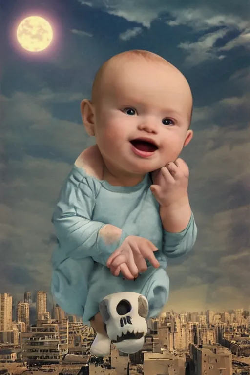 Image similar to evil human giant baby in huggies, grows up to the sky, against the backdrop of destroyed high - rise building, hauntingly surreal, horror, 3 d, 8 k, render, art by fred eric heyman