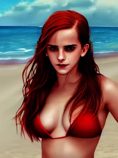 Image similar to highly detailed Red-haired beauty Emma Watson in a bikini , mid-shot ,pixiv , digital Art