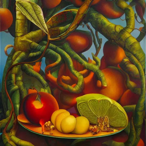 Prompt: forbidden fruit, surrealism, oil on canvas, high detail, masterpiece