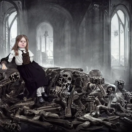 Image similar to a photo of young sad victorian gothic child with big eyes and wide grin sitting on a sofa of bones surrounded by a cyber futuristic cityscape made of human body parts, ultra detailed, 8 k resolution, beautiful lighting, expansive detailed layered city, landscape, sigma 8 5 mm, award winning photography