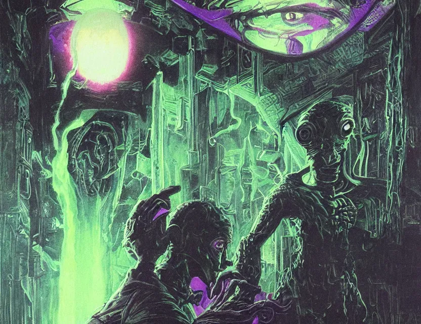 Image similar to a close - up view portrait of a silhouetted supernatural wizard in brutalist halls with metallic alien technology. close - up view, detailed textures. glowing green purple fog, dark black background. highly detailed fantasy science fiction painting by moebius, norman rockwell, frank frazetta, and syd mead. rich colors, high contrast