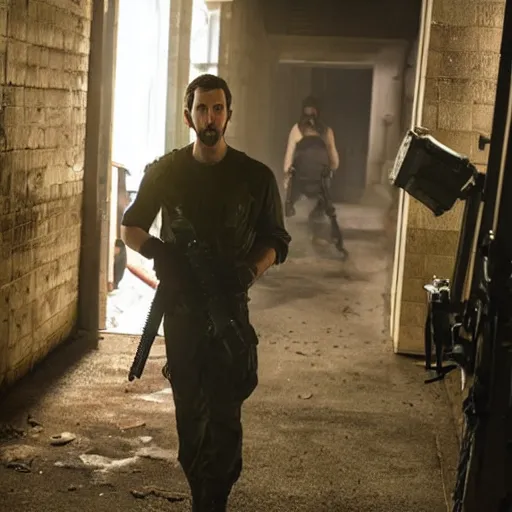 Image similar to NCIS New Orleans actor Rob Kerkovich in the tv series Halo, cinematic film still, atmospheric lighting