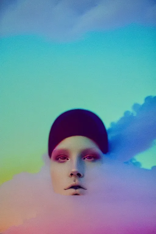 Image similar to high quality pastel coloured film close up wide angle photograph of a model wearing clothing swimming on cloud furniture in a icelandic black rock!! environment in a partially haze filled dreamstate world. three point light, rainbow. photographic production. art directed. pastel colours. volumetric clouds. pastel gradient overlay. waves glitch artefacts. extreme facial clarity. 8 k. filmic.