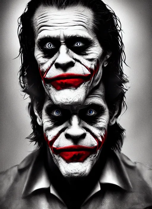 Image similar to photo of Willem Dafoe as the Joker by Lee Jeffries, detailed, award winning, Sony a7R, trending on artstation