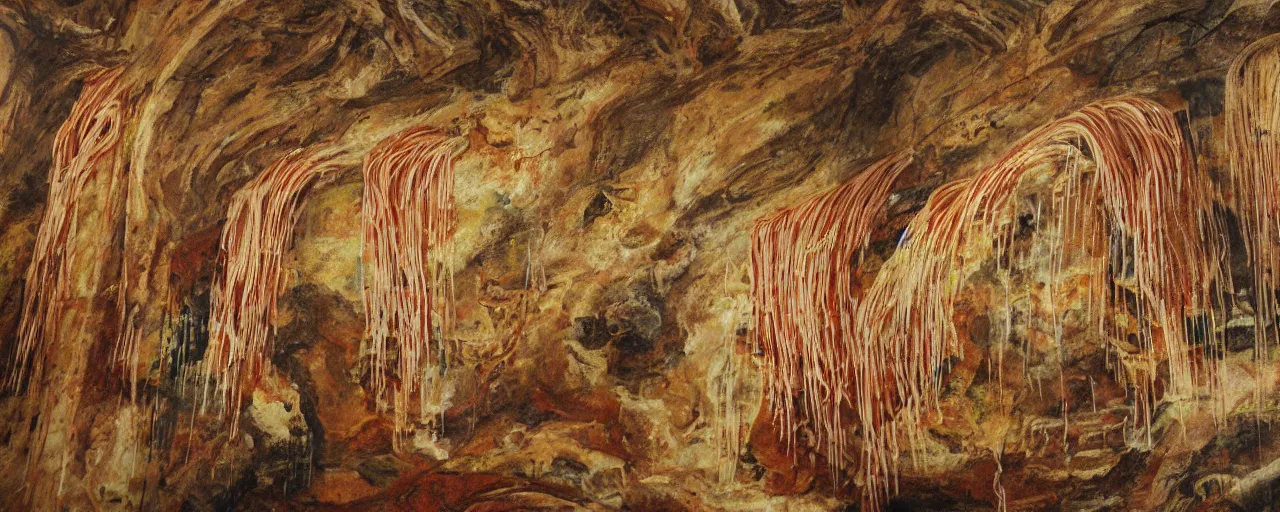 Prompt: wide shot spaghetti paintings on a cave wall, archaic, fine detail,