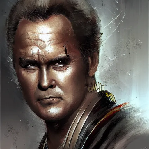 Image similar to lee majors as an samurai, backround dark, highly detailed, digital illustration, trending in artstation, modern painting, smooth, sharp focus, intricate, by peter mohrbacher