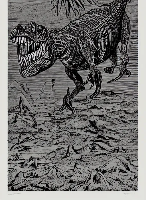 Prompt: dinosaur woodcut print by Samuel Jessurun de Mesquita