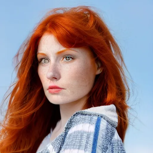 Prompt: close up photo of the left side of the face of a redhead woman with blue eyes who looks directly at the camera. Slightly open mouth, with a park visible in the background. 135mm nikon. Intricate. Very detailed 8k. Sharp. Cinematic post-processing.