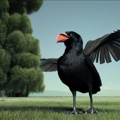 Image similar to a giant crow with a large straight black beak, photorealistic computer animation, film by Jon Favreau