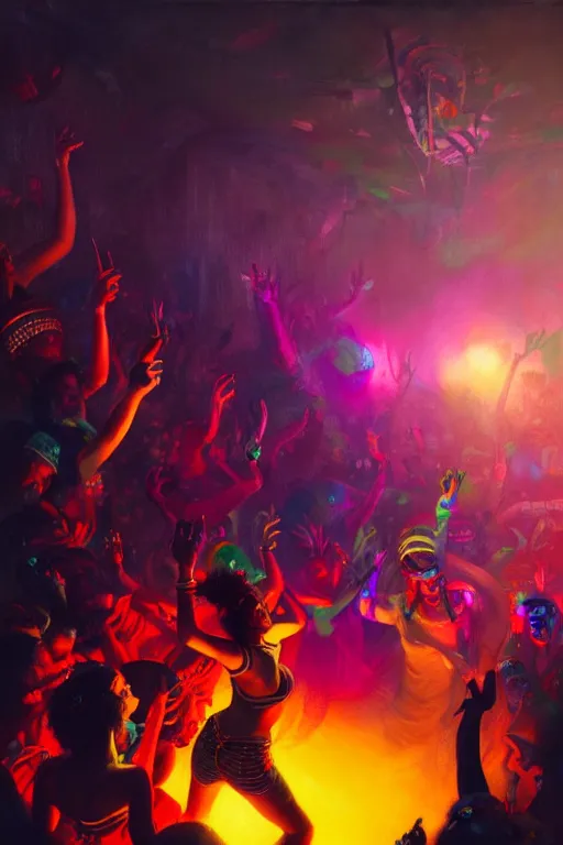 Prompt: scene from a rave, vibrant colours, beautiful, highly detailed, realistic, digital art, winning award masterpiece, cinematic lighting, trending on artstation, painting by otto dix and greg rutkowski, 8 k