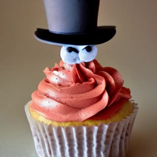 Prompt: A cupcake with a face and a top hat