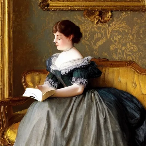 Image similar to young victorian lady in ball gown reading a book, painted by alfred stevens