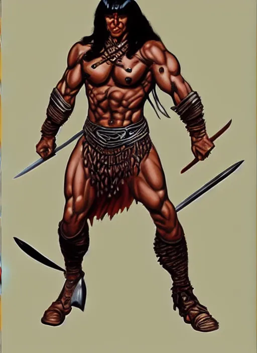 Prompt: a futuristic Conan the barbarian warrior in the art style of Boris Vallejo