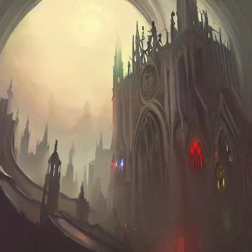 Prompt: infeior Gothic architecture,concept art, digital painting, style of jordan grimmer, warm lighting, futuristic, volumetric lighting, view from below, vivid colours, bright, nighttime, godrays, high detail