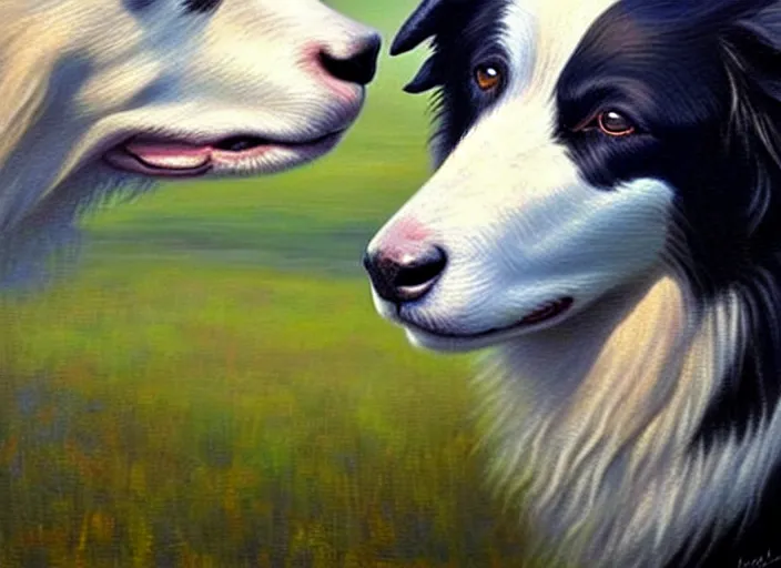Prompt: close up painting of a border collie kissing a sheep in a pasture, beautiful, realistic proportions, highly detailed, scenic background, trending on artstation, art by charlie bowater and henry asencio and and ross tran